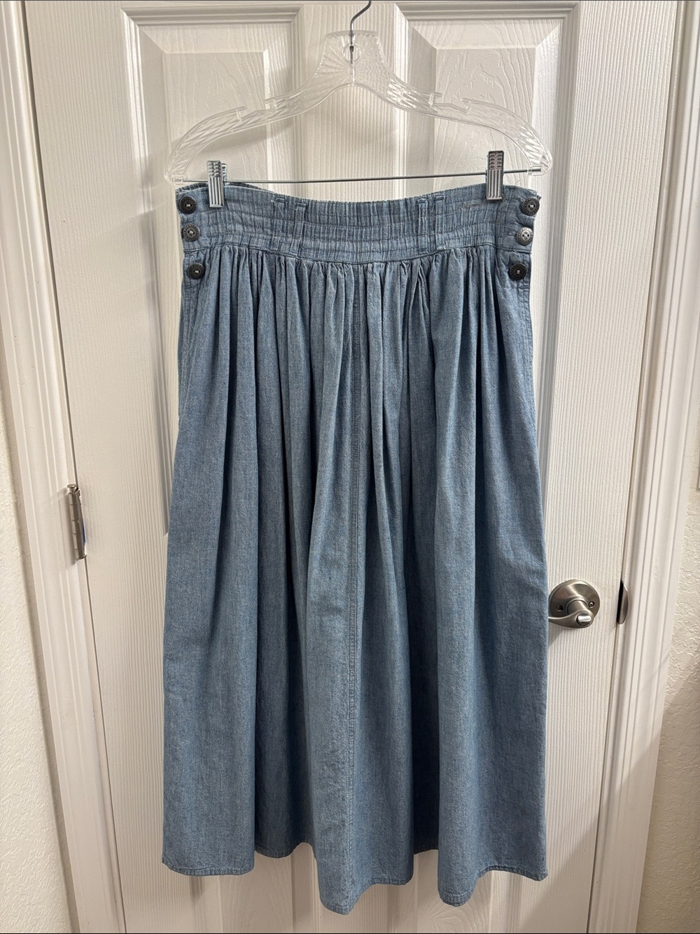 Vintage INTRO Chambray Blue Denim Midi Skirt with Button Detail- M